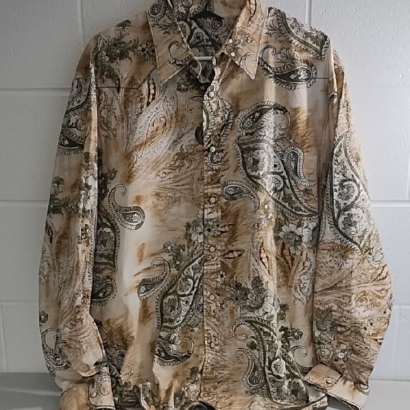 Western Snap Down Cowboy Rodeo Shirt Wood Snaps Natural Cotton Paisley Print - Picture 13 of 13